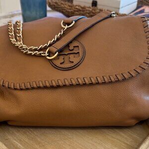 Tory Burch Marion Whipstitch Leather Saddle Convertible Chain Crossbody Tan Bag